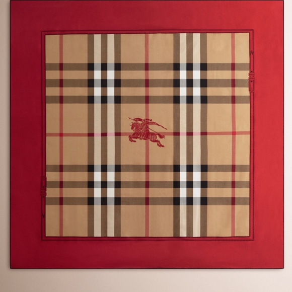 Display # 2 Burberry New Classic Check Pattern Red Border Silk Scarf - Picture 5 of 16